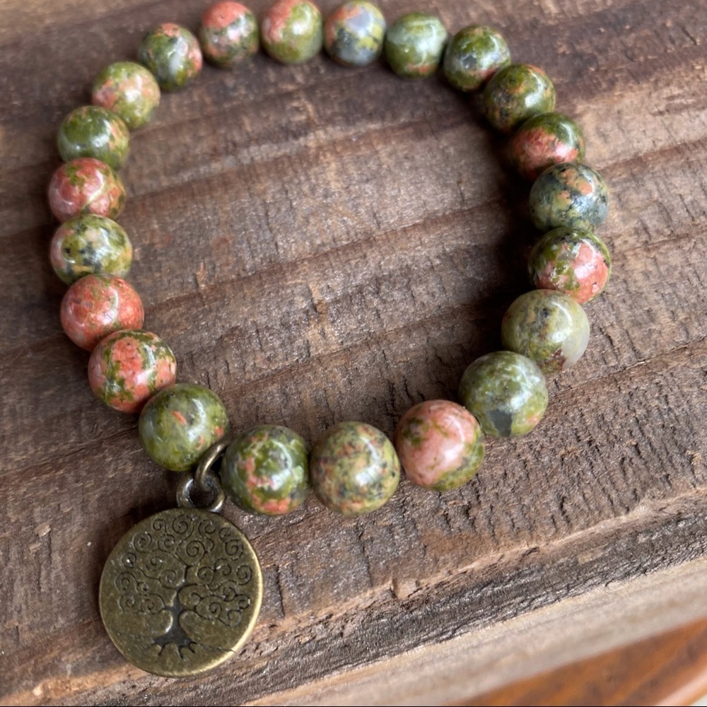 ✨UNAKITE STONE BEAD MALA BRACELET W/CHARM - Picture 3 of 7